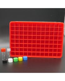 96 whiteglassvials 2 ml in a polypropylen box with colored plastic screw caps; black
