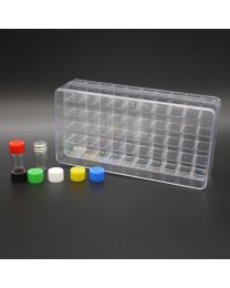50 white glass vials 1 ml in a polystyrene box with colored plastic screw caps, white