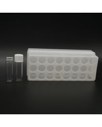 24 whiteglassvials 5 ml in a polypropylen box with colored plastic screwcaps. white