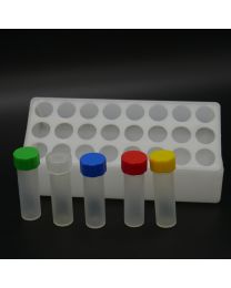 24 polypropylenvials in a polypropylen box with polypropylen screw caps. red